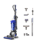 Side view of Dyson Ball Animal Total Clean upright vacuum, corded with blue canister and attachments