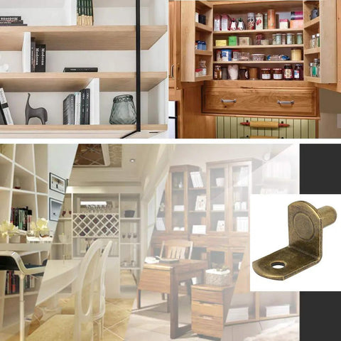 Rock Solid Quarter Inch Shelf Support Pegs For Cabinet Pins And Closet Organizers L Shaped Heavy Duty Brackets Built Tough With Zero Sagging Knockout Kitchen Hardware Replacement Fifty Pack Bundle in display with shelves and cabinets