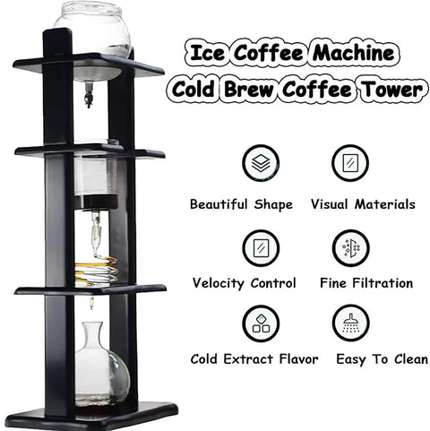 Chill Out Daily With This Sleek Cold Brew Drip Tower Ice Coffee Maker featuring a borosilicate glass and wooden frame.