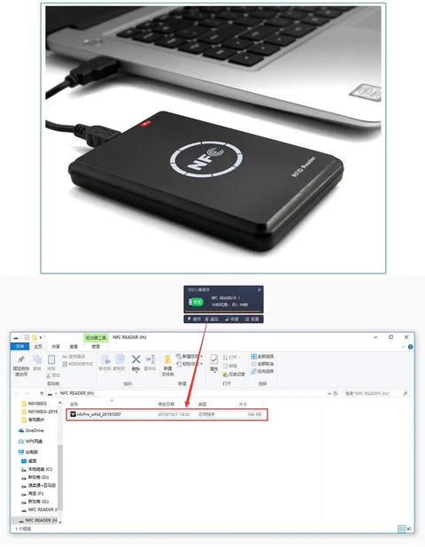 RFID And NFC Duplicator Kit For Easy Card Cloning With 125KHz Key Fob Copier And 13.56MHz Encrypted Programmer connected to laptop