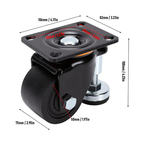 3 Inch Leveling Plate Caster Wheels With Adjustable Feet For Heavy Duty Workshop Gear Smoother Than Butter Swivel Action Dead Nuts Secure At 1322 Lbs Solid Rust Resistant Steel side view with dimensions