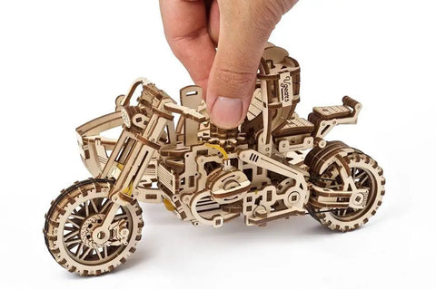Motorcycle With Sidecar Scrambler UGR-10 3D Wooden Puzzle Kit For Adults, Dope Moving Engine And Dual Suspension, 380-Piece Laser-Cut DIY Model, Rubber Band Powered, No Glue Needed, Collectible Moto Puzzle assembled wooden motorcycle with sidecar