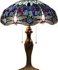 Dope Blue Tiffany Style Dragonfly Stained Glass Table Lamp With Antique Green Bronze Metal Base 16 Inch Wide Shade And 24 Inch Tall Bedside Desk Light UL Listed Pull Chain Easy Setup Ideal For Bedroom Living Room Office Decor