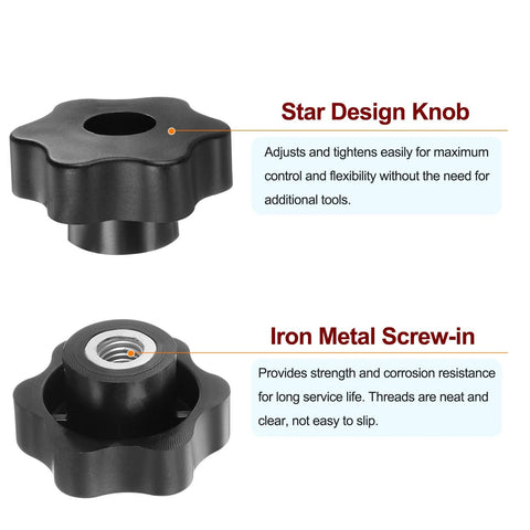 Harflington 4-pack star knob set; black plastic star-shaped knobs with M10 female thread