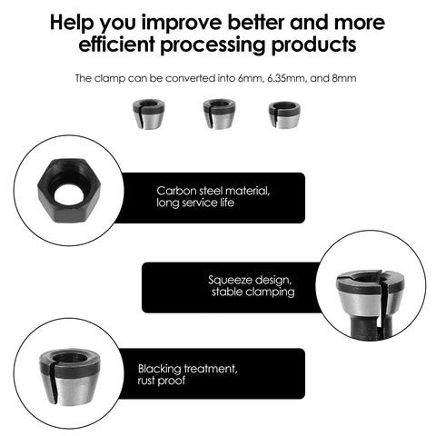 Diagram showing Eight Piece Router Collet Chuck Set with carbon steel, squeeze design, rust-proof, fits 6mm, 6.35mm, 8mm sizes.