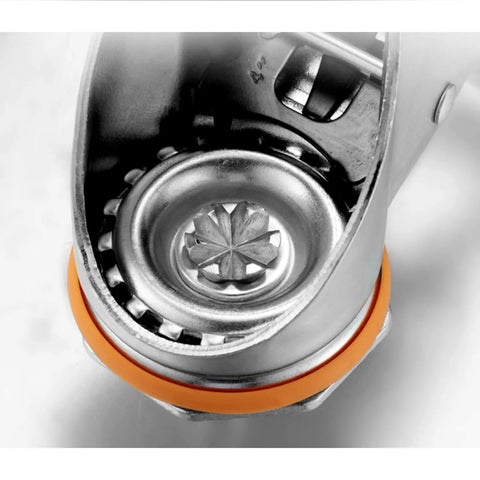 Close-up of rugged PU swivel caster with brake, showing industrial plate wheel and 360 degree swivel for heavy duty carts.