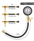 Front view of BETOOLL fuel pressure test kit with 0-100 psi gauge and SAE 3/8, 5/16, 1/4 fittings and 14.5-inch hose.