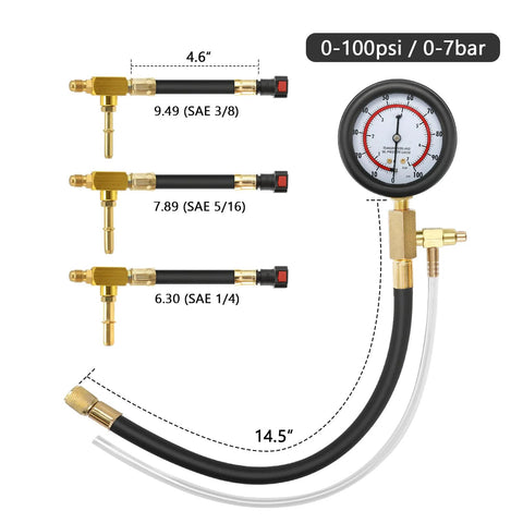 Front view of BETOOLL fuel pressure test kit with 0-100 psi gauge and SAE 3/8, 5/16, 1/4 fittings and 14.5-inch hose.