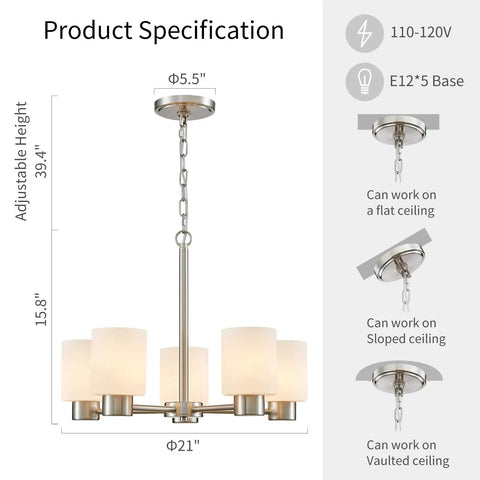 Five Light Bathroom Vanity Light Fixture Over Mirror In Brushed Nickel With E26 Base, chandelier dimensions and ceiling options.