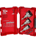 Milwaukee four-piece carbide hole cutter set in red carrying case with bits (front view)