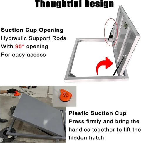 Built Tough Concealed Basement Floor Access Door With Large Suction Handle And Dual Hydraulic Struts For Zero Hassle Hidden Storage Quick Emergency Escapes And Custom Fit Home Renovations, showing hydraulic support rods and suction cup for easy access.