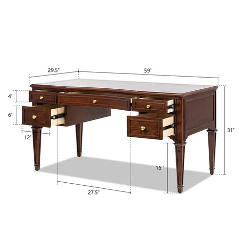 Rock Solid Grey Cashmere Rubber Wood Computer Desk With Smooth Height Adjustment And Badass Aesthetic in a side view showing size and drawer details.