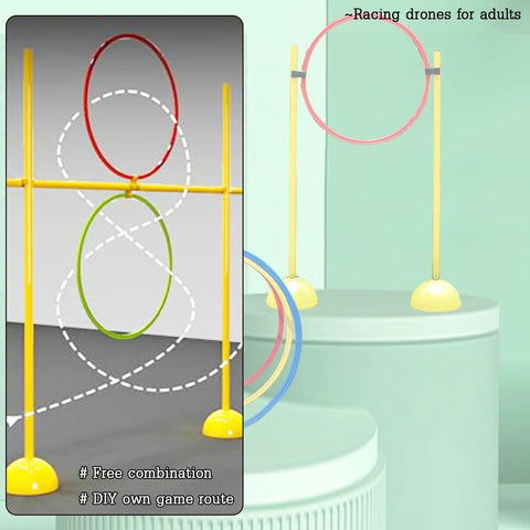 Drone Obstacle Course Kit For RC FPV Racing Portable Loop Gate Set For Indoor And Outdoor Practice Pro Grade Flexible Plastic Build That Protects Your Quad Easy Setup With Mix And Match Difficulty Levels shown in indoor setting with yellow stands and colorful loops.