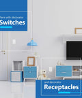 Matte White Screwless Decorator Switch Cover 1-Gang Wall Plate in modern living room setting, showcasing compatibility with devices.