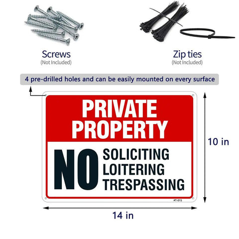 Tough As Nails Private Property No Trespassing Signs 10 x 14 inches aluminum sign with pre-drilled holes for mounting.