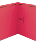 Letter Size Red Fastener Folders With Heavy Duty Embedded Straps And Assorted One Third Cut Tabs For Hustle Free Filing And Crisp Office Archiving Pack Of Fifty, open view showing clips.