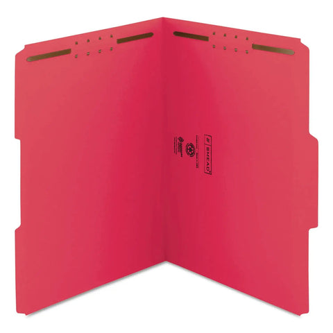 Letter Size Red Fastener Folders With Heavy Duty Embedded Straps And Assorted One Third Cut Tabs For Hustle Free Filing And Crisp Office Archiving Pack Of Fifty, open view showing clips.