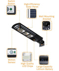 Diagram of 200W Solar Street Light With 6000 Lumens, Waterproof Outdoor Lamp, highlighting solar panel, LEDs, motion sensor, and battery