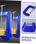 Heavy Duty 4 Inch G Clamp C Clamp With Quick Release For Woodworking Tabletop Mounting Beefy Grip And Precise Hold Durable Metal Construction for DIY Projects in blue color, multiple views shown.