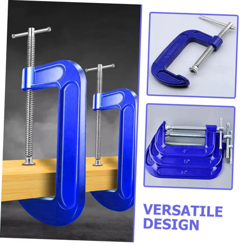 Heavy Duty 4 Inch G Clamp C Clamp With Quick Release For Woodworking Tabletop Mounting Beefy Grip And Precise Hold Durable Metal Construction for DIY Projects in blue color, multiple views shown.