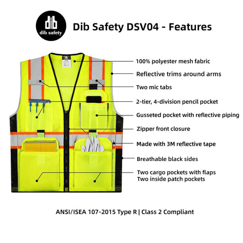 Built Tough Heavy Duty Reflective Safety Vest With 3M Tape And Reinforced Stitching Breathable Yellow Mesh Hella Visible For Construction Crews And Surveyors Zippered Front With Utility Pockets XL features pockets and mic tabs.