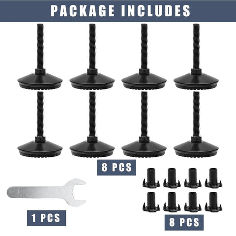 Image of package contents: Eight M8 Adjustable Leveling Feet For Tables Sofas Cabinets And Workbenches Heavy Duty, eight T nuts, one wrench.