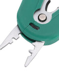 Close-up of Mavaol Compact Wire Stripper Tool's sharp steel cutting edges and ergonomic green handle.