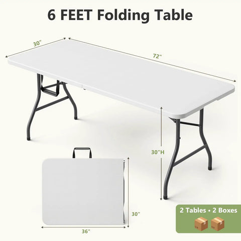 2 Pack 6 Ft Folding Plastic Tables Heavy Duty Portable Fold In Half Utility Tables With Carrying Handles displayed unfolded