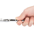 Hand holding Three Eighths Inch Drive Eight Inch Flex Head Quick Release Ratchet With 180 Degree Flex 9 Position Detents 90 Tooth Gear
