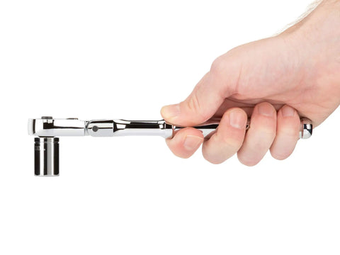 Hand holding Three Eighths Inch Drive Eight Inch Flex Head Quick Release Ratchet With 180 Degree Flex 9 Position Detents 90 Tooth Gear