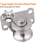 U Type Single Groove Wheel Pulley in 304 Stainless Steel, fits 3-12mm wire/rope, close-up view with screws included