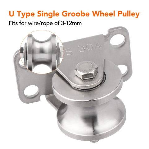 U Type Single Groove Wheel Pulley in 304 Stainless Steel, fits 3-12mm wire/rope, close-up view with screws included