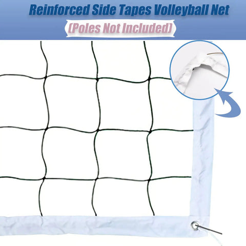 Heavy Duty Outdoor Volleyball Net For Backyard Showdown 32 Ft Long By 3 Ft High With Reinforced Side Tapes Durable Weather Resistant Polyethylene PVC Mesh Net Portable Beach Replacement Poles Not Included showing corner detail with reinforced edge. Poles not included