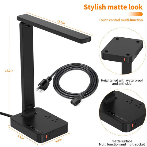 Modern LED Desk Lamp With USB Ports And Type C, Two AC Outlets, 3 Lighting Modes, 3 Brightness Levels, Touch Control With 60 Minute Timer