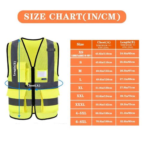 High Visibility Mesh Safety Vest With Pockets And Zipper, Reflective Hi Vis Vest, Yellow Mesh, Size Chart
