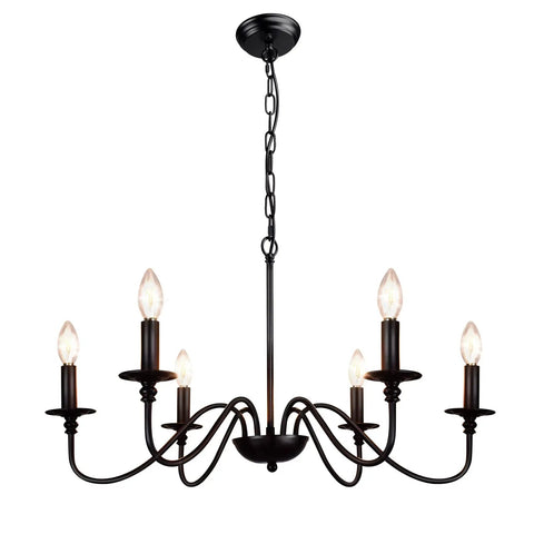 Farmhouse 6 Light Black Chandelier For Dining Room And Kitchen Island Pendant Light Fixture With Industrial Rustic Vibe Vintage Modern Hanging Ceiling Lamp For Bedroom Foyer in black iron.