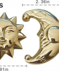 Sun Moon Cabinet Knobs Set, Solid Brass Antique Finish with sun and moon design, includes measurements; Celestial Hardware for Cabinets.