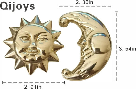 Sun Moon Cabinet Knobs Set, Solid Brass Antique Finish with sun and moon design, includes measurements; Celestial Hardware for Cabinets.