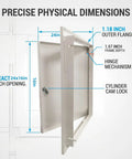 No Sweat Steel Access Panel For Drywall Featuring Keyed Lock And Flush Mount Setup To Hide Valves While Keeping Your Walls Clean And Plumbing Systems Fully Squared Away, with dimensions and lock details.