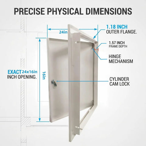 No Sweat Steel Access Panel For Drywall Featuring Keyed Lock And Flush Mount Setup To Hide Valves While Keeping Your Walls Clean And Plumbing Systems Fully Squared Away, with dimensions and lock details.