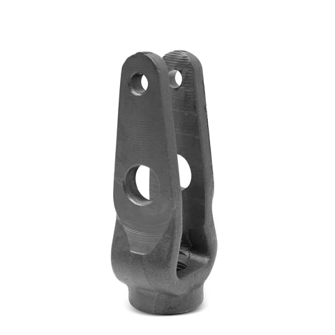 Long Stroke Slack Adjuster Clevis Kit For Air Brake Chambers With 5/8-18 Thread shown upright, metal, with holes for installation.