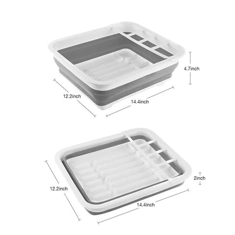 Collapsible Dish Drying Rack With Built-In Utensil Drying Rack, Portable Kitchen Organizer For RV Campers Travel Trailers, Space Saving Countertop Drainer Tray Made From BPA Free Food Grade Material, dimensions shown