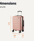 Hardside Carry-On Luggage 21 Inch With Multi-Directional Wheels Expandable Up To 25 Percent More Space Scratch-Resistant Surface Rose Gold Durable Travel Case For 1 To 5 Day Trips displaying dimensions.