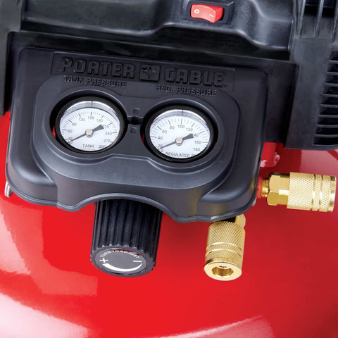 Close-up of gauges on Oil Free 6 Gallon Pancake Air Compressor With 150 Psi Max, Portable And Easy To Move, 2.6 CFM At 90 Psi