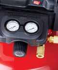 Workhorse Pancake Air Compressor With Six Gallon Oil Free Tank 150 PSI Max Pressure gauges and controls on red tank