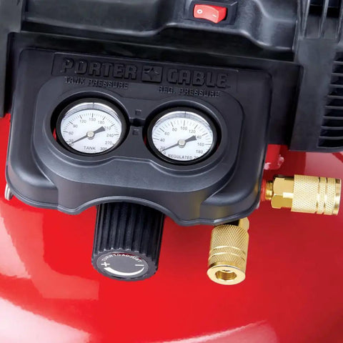 Workhorse Pancake Air Compressor With Six Gallon Oil Free Tank 150 PSI Max Pressure gauges and controls on red tank