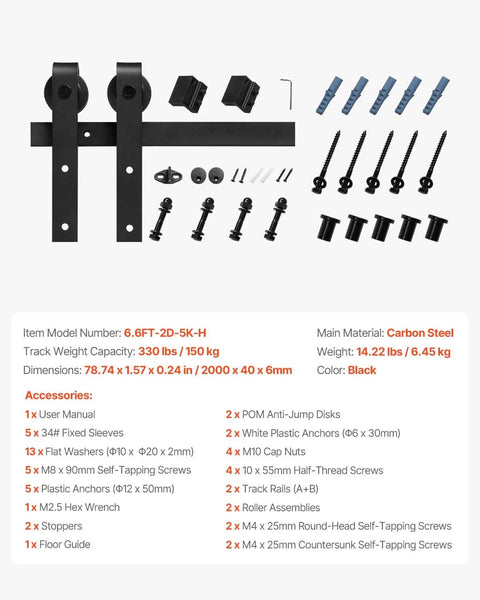 Heavy Duty Sliding Barn Door Hardware Kit for 36 to 40 Inch Doors, 330 Lbs Capacity, Carbon Steel Components Layout