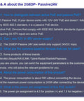 FAQ about the 2G8DP Passive 24V PoE switch with details on PoE types, power supply, devices, power consumption, and settings.