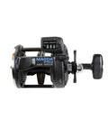 Magda Pro Line Counter Levelwind Trolling Reel Small Black Silver MA20DX side view with depth counter and handle.