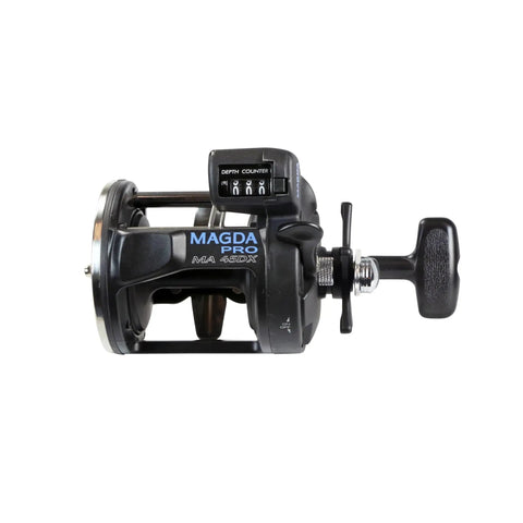 Magda Pro Line Counter Levelwind Trolling Reel Small Black Silver MA20DX side view with depth counter and handle.